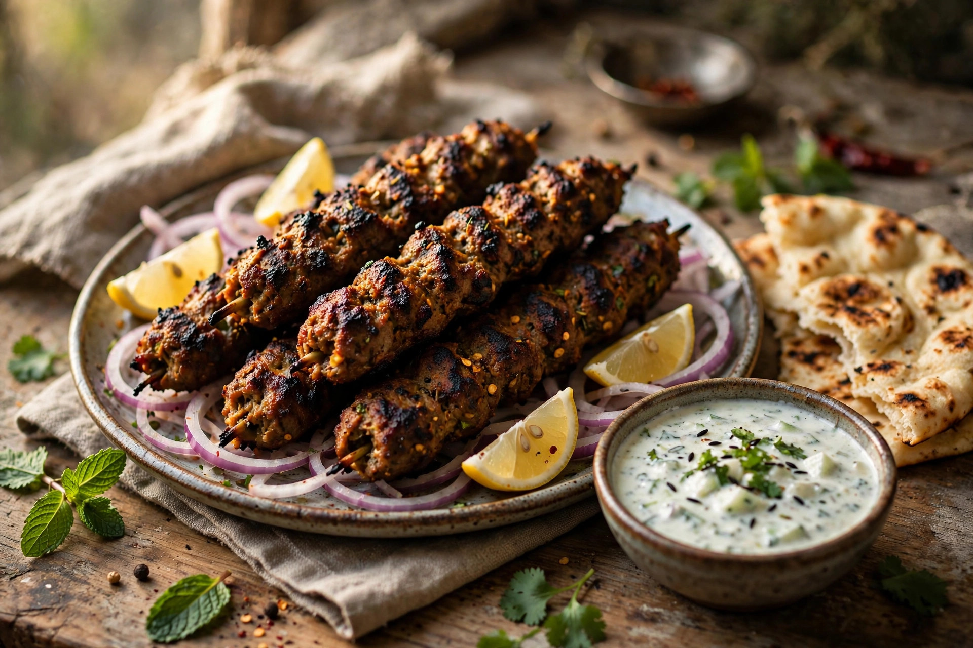 Seekh kebabs on skewers with charred edges, onion rings and lemon