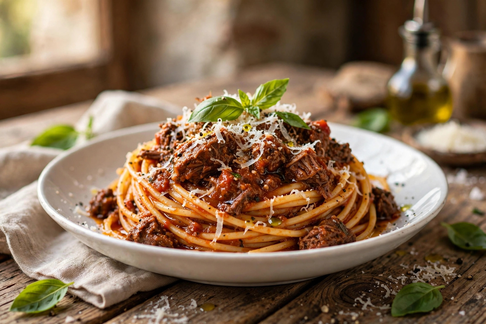 Spaghetti bolognese with rich beef ragu, parmesan and basil in a bowl