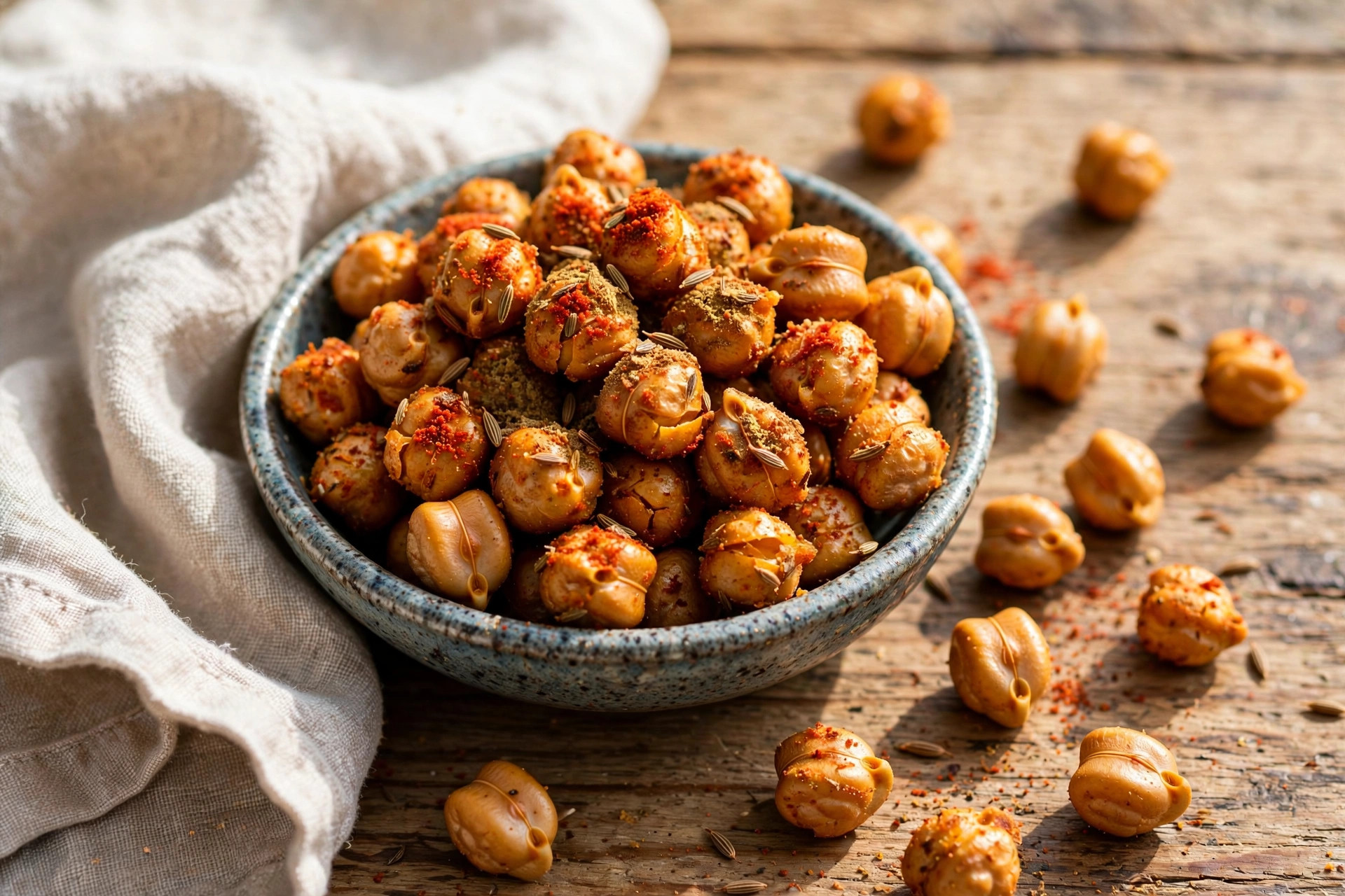 Crispy roasted spiced chickpeas in a ceramic bowl with seasoning