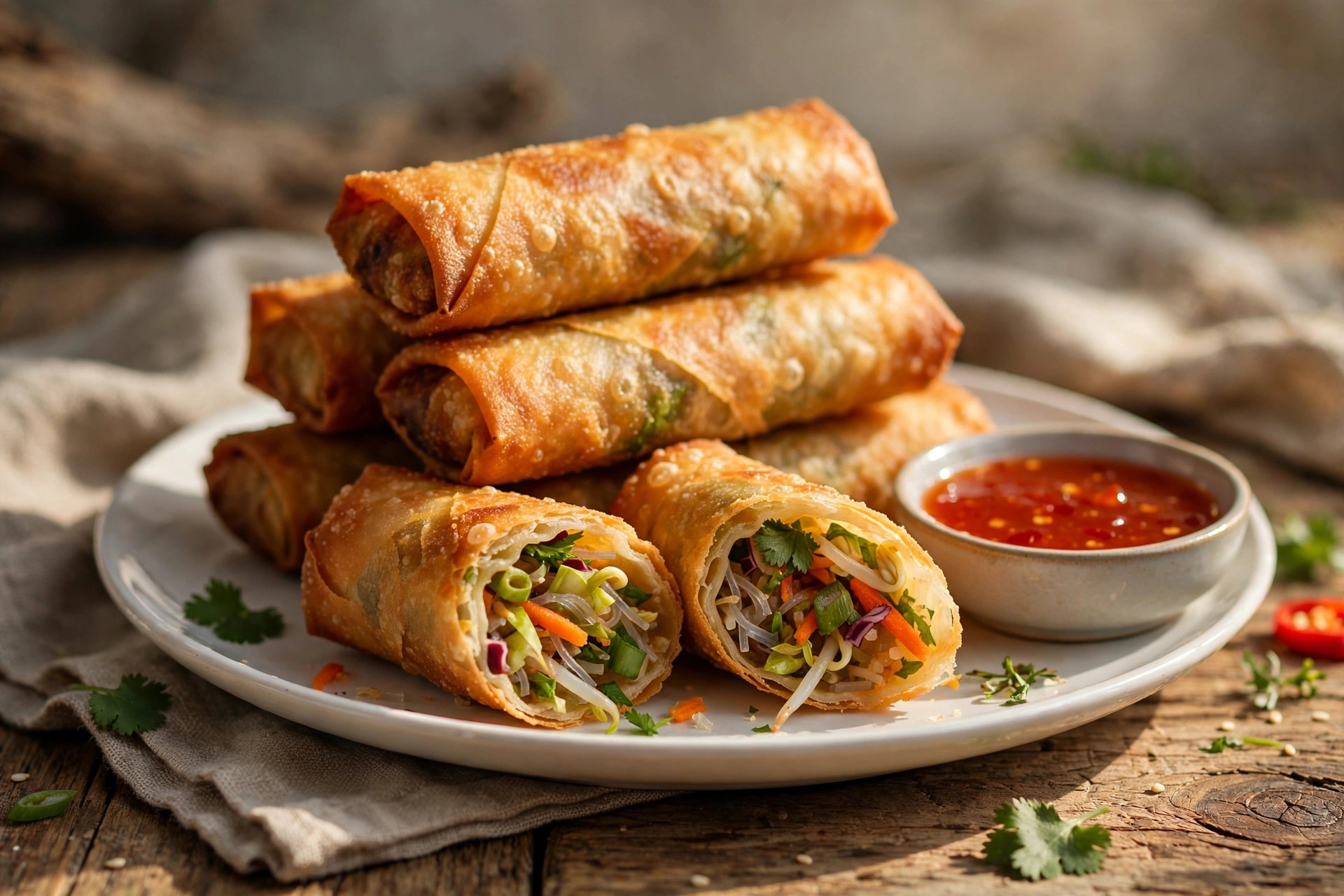 Crispy spring rolls with vegetable filling and sweet chili dipping sauce