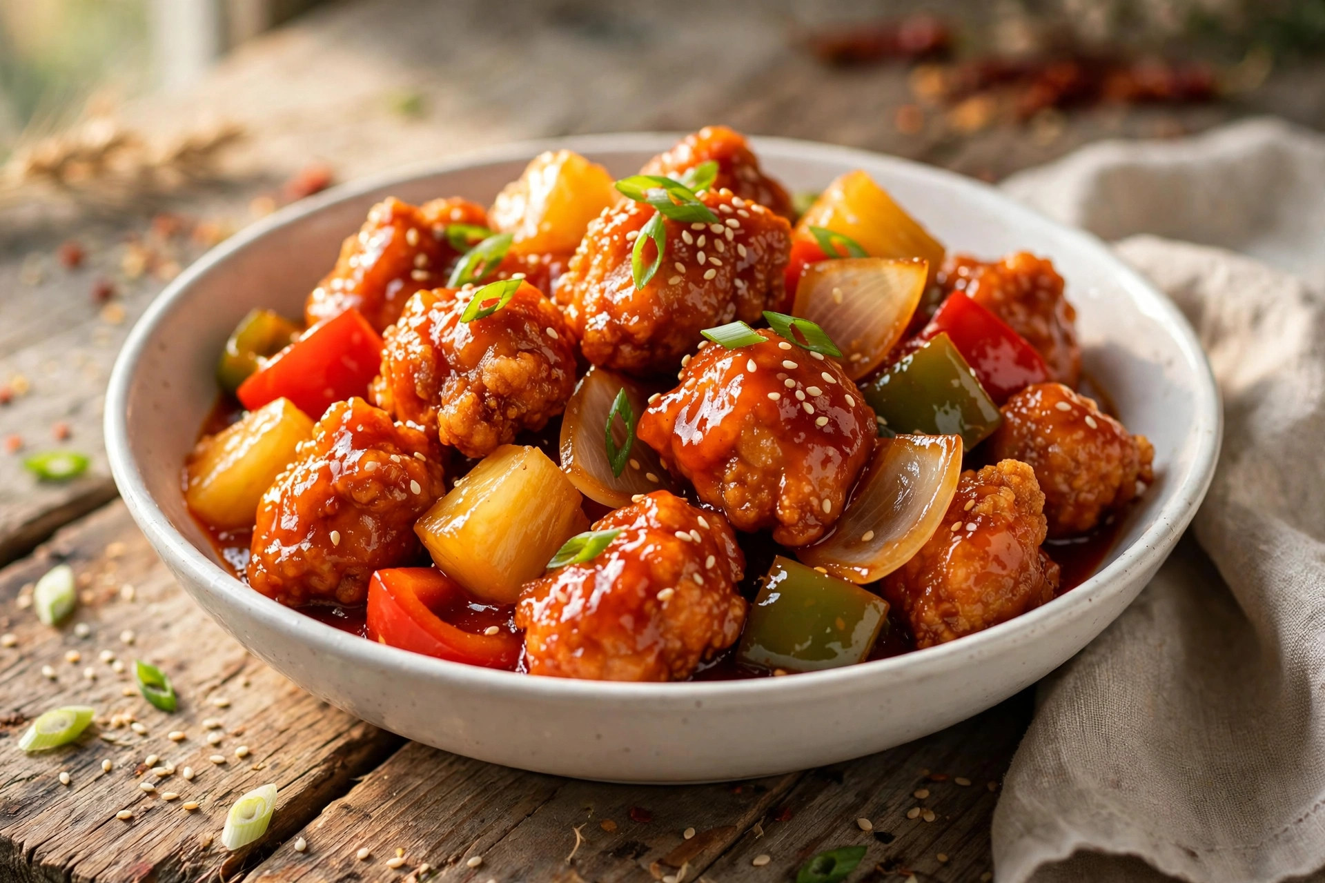 Sweet and sour chicken with peppers, pineapple and sesame seeds in a bowl