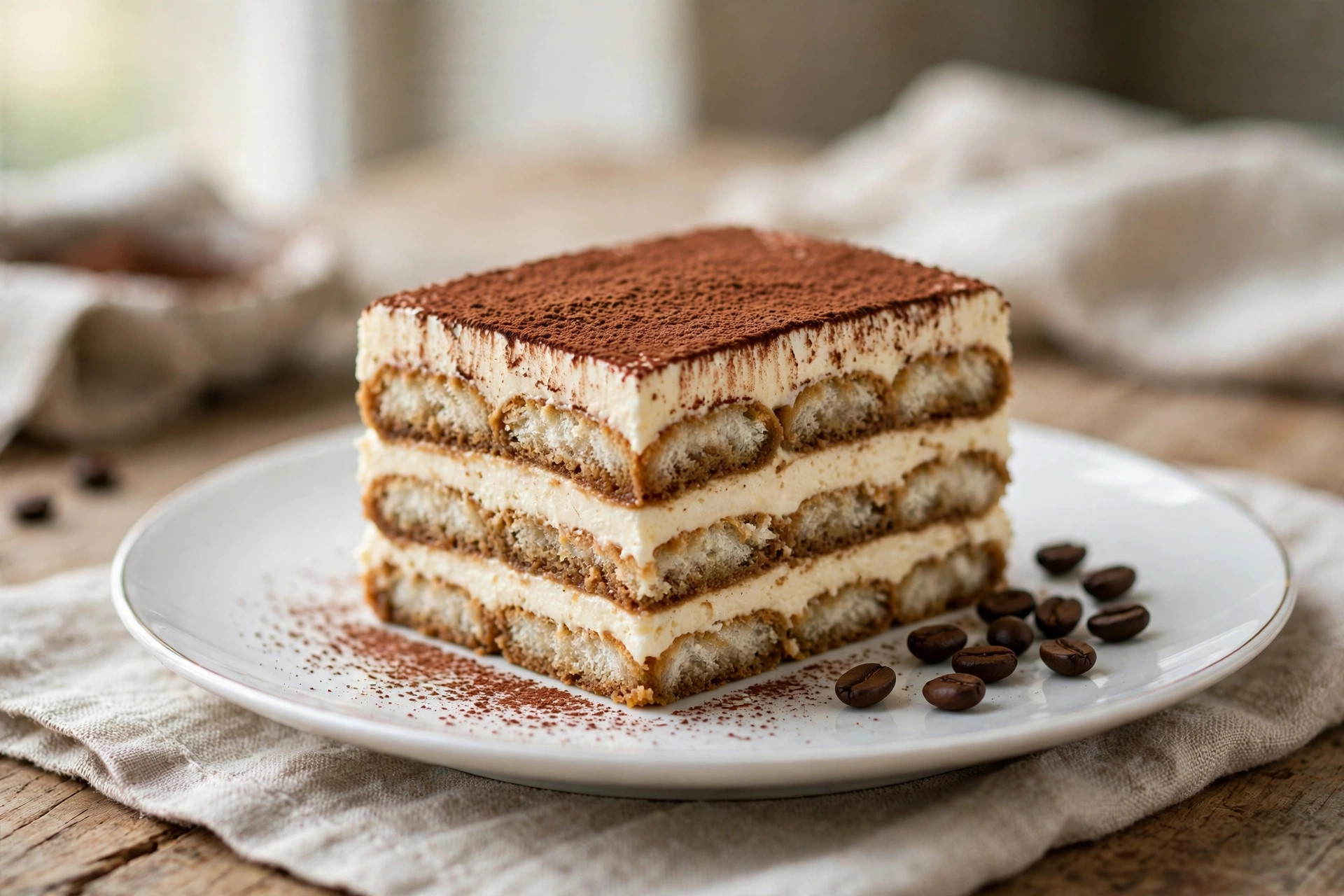 Slice of tiramisu with coffee-soaked layers, mascarpone and cocoa dusting