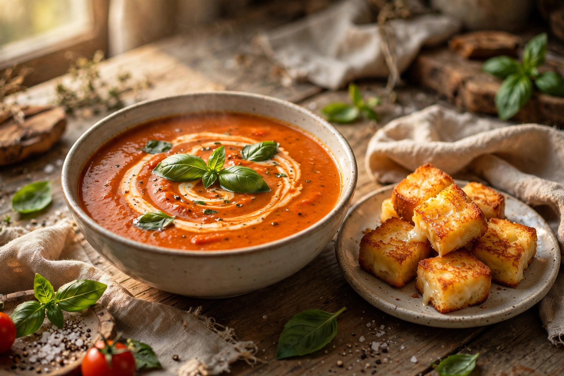 Bowl of creamy tomato basil soup with a swirl of cream and grilled cheese croutons