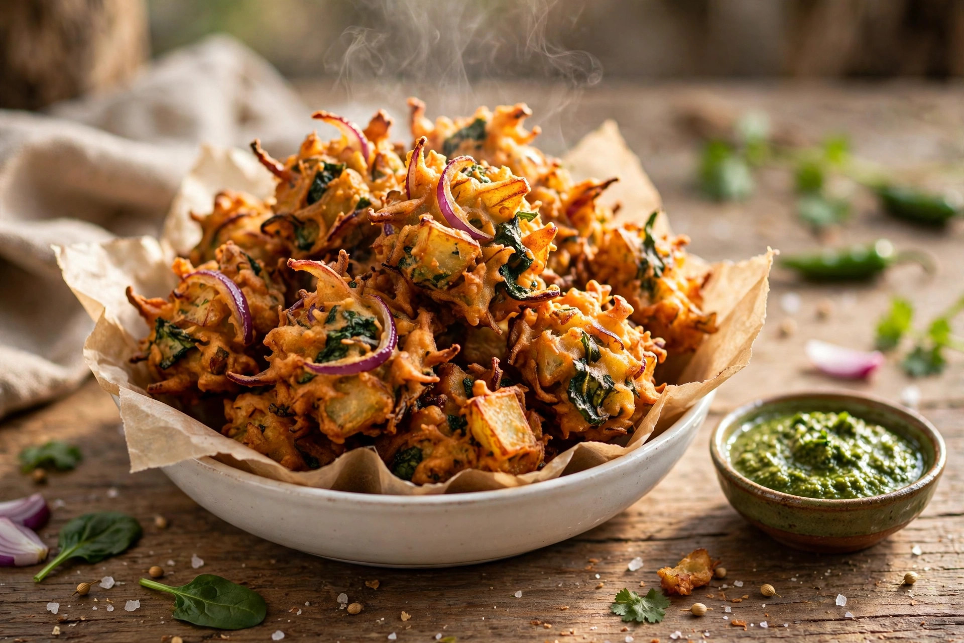 Crispy vegetable pakoras piled on a plate with mint chutney